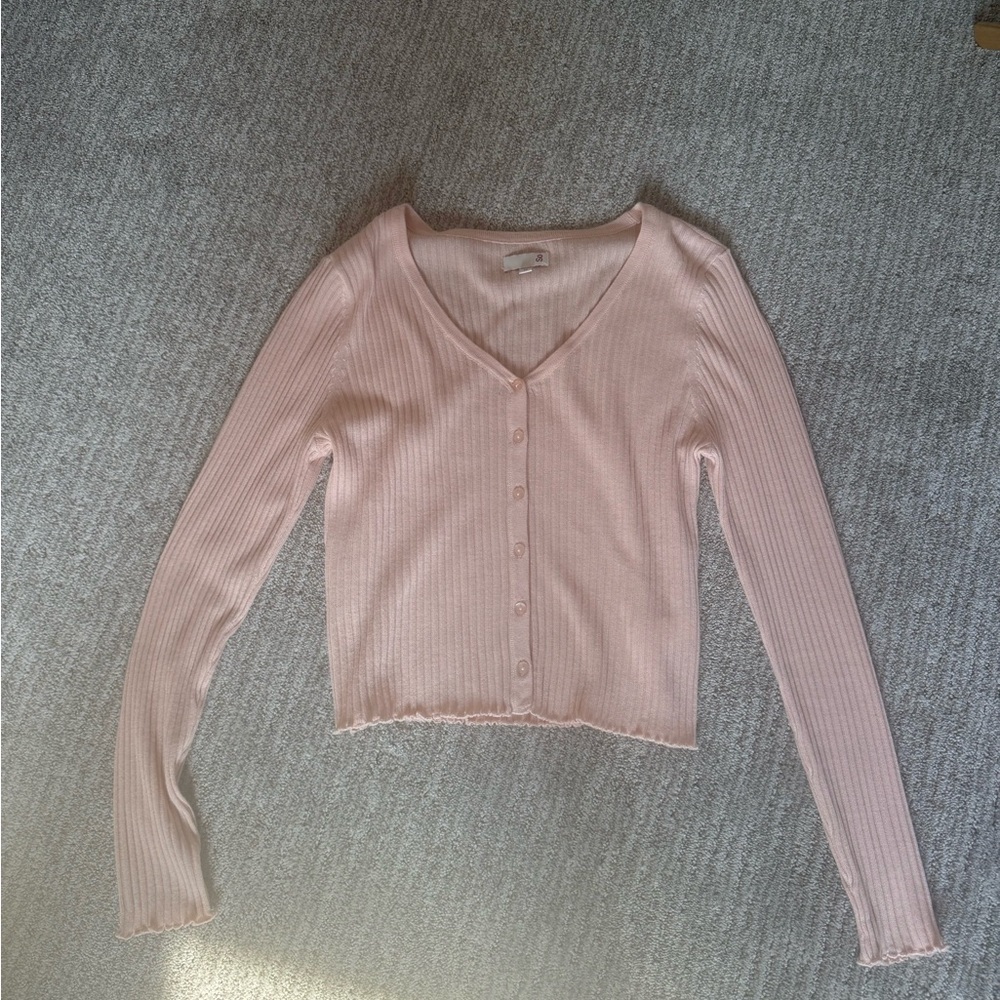 Pink Ribbed Button-Up Cardigan/TOP